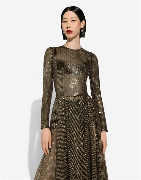 abito oro dolce gabbana|Abito maniche lunghe midi in paillettes in Oro da Donna.